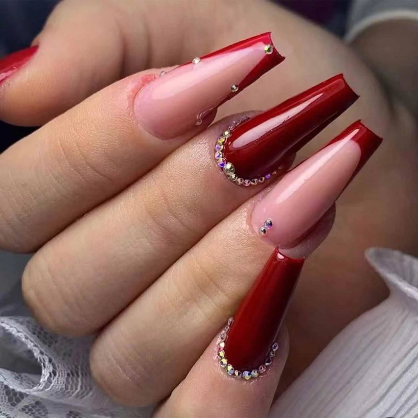 IMSOHOT Press on Nails Coffin Long Fake Nails Red French Tip False Nails with Rhinestone Designs Full Cover Glue on Nails Wine Red Acrylic Ballerina Artificial Nail Kit for Women 24 Pcs