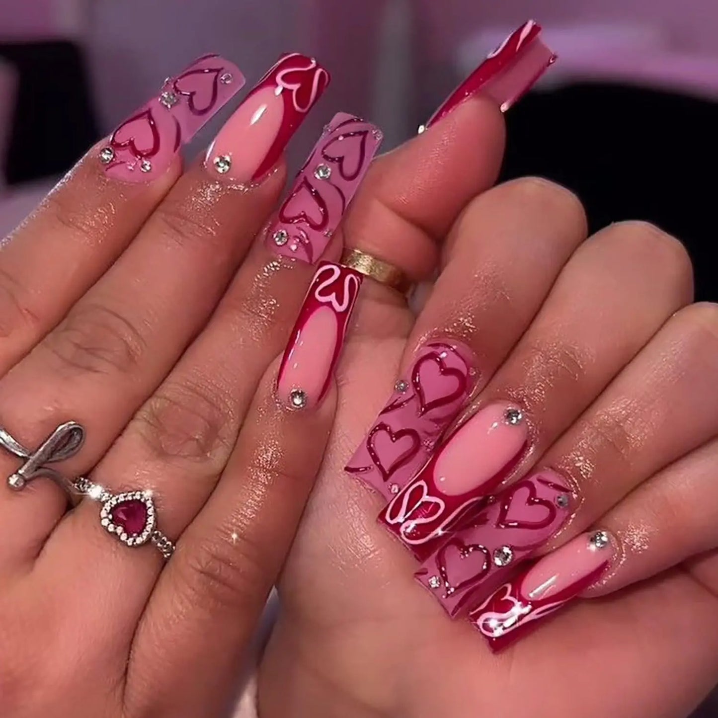 RIICFDD Heart Press on Nails Long Fake Nails Coffin Valentine Press on Nails Red French Glue on Nails Rhinestone Nail Charms Full Cover Glossy False Nails Stick on Nails for Women Nail Art 24 Pcs