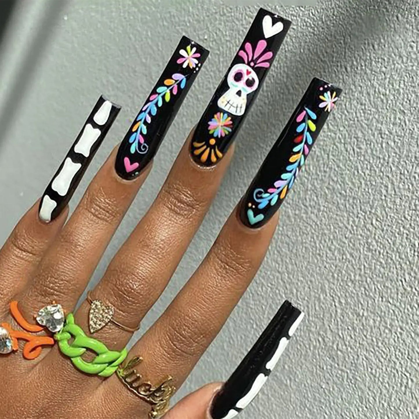 IMRAIN Halloween Press on Nails Long Square Fake Nails with Skull Designs Black Nails Press ons Full Cover Glossy Glue on Nails Acrylic Artificial Stick on Nails for Women 24Pcs