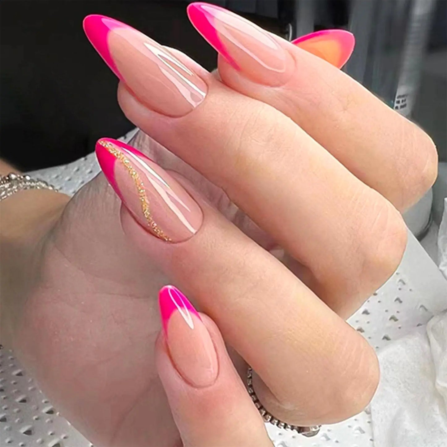 Rose Red French Tip Press on Nails Medium Almond Fake Nails Press ons Nude Full Cover Acrylic Nails Golden Glitter Lines Glue on Nails Glossy Artificial Stick on Nails for Women 24Pcs