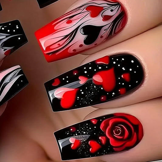 24Pcs Valentines Day Press On Nails Long Coffin Fake Nails Black Red Valentines Nails Press Ons With Heart Rose Designs Acrylic False Nails Full Cover Glue On Nails Stick On Nails For Women