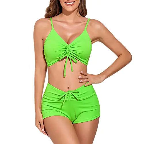 meioro Solid Swimsuit for Women Tie Front Shorts Bikini Two Piece Swimwear Athletic Bathing Suits High Waist Swimming Suit(GreenM)