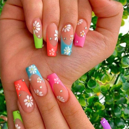 IMSOHOT French Tips Press on Nalis Long Coffin Fake Nails Colorful Matte Glue on Nails with Flower Designs Full Cover Acrylic Ballerina Summer False Nails for Women 24Pcs