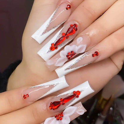 RUOKEXIN Long Coffin Press on Nails White French Tip Fake Nails Sparkly False Nails with Red Rhinestones Designs Long Coffin Nail Press ons Acrylic Artificial Nails Cute Stick on Nails for Women 24Pcs