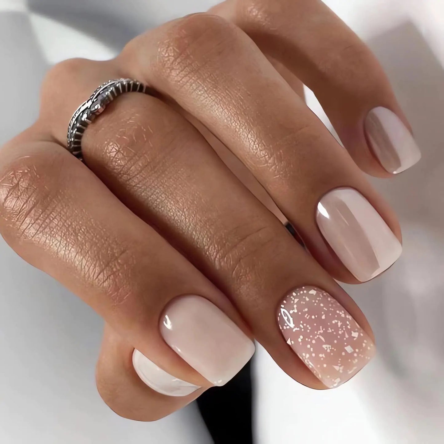 IMSOHOT Square Press on Nails Short White French Fake Nails Nude Pearlescent Full Cover Acrylic False Nails Glitter Glue on Nails Glossy Squoval Nails 24Pcs
