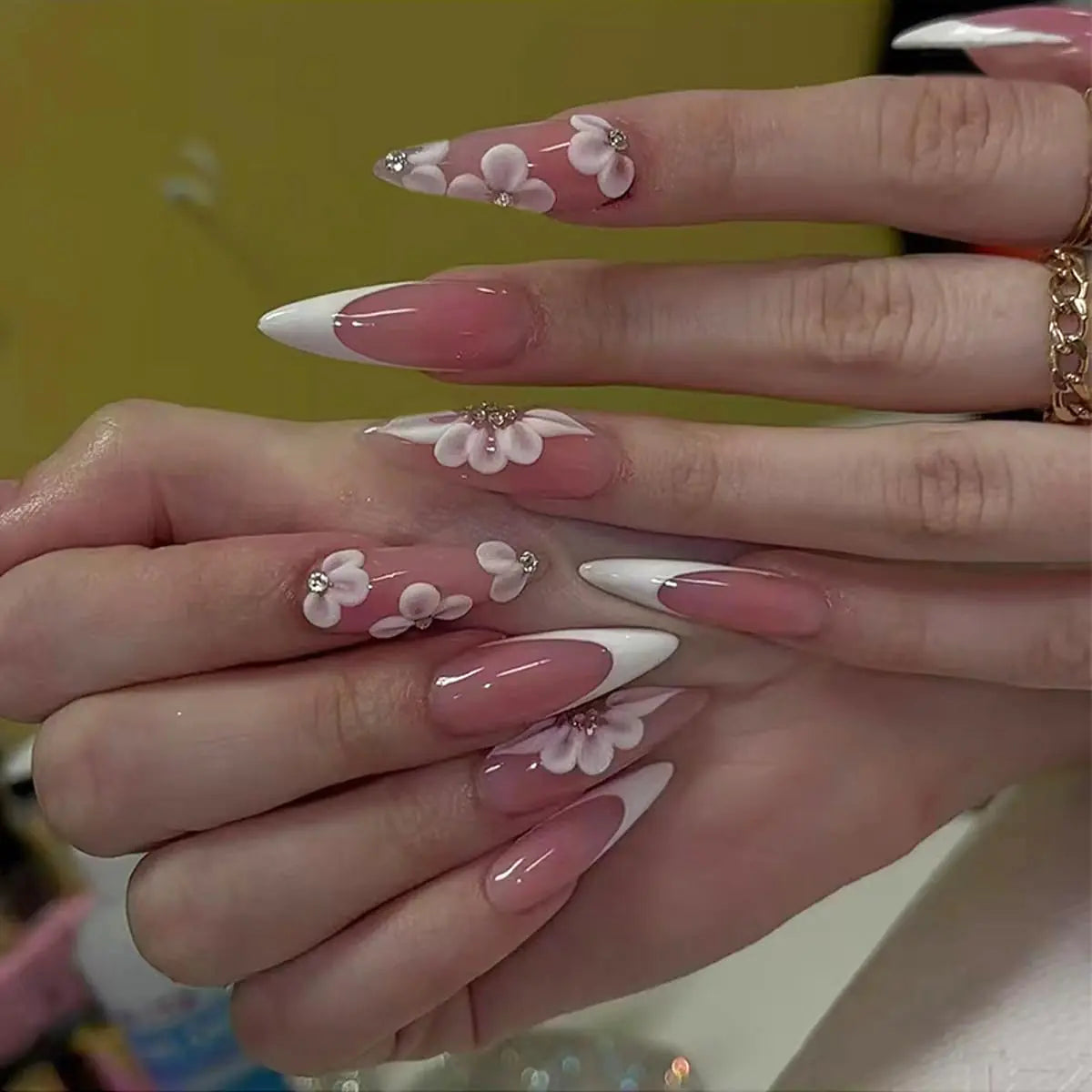 Long Stiletto Press on Nails Flower Fake Nails Pink Nails Press ons with Designs White French Tip False Nails Acrylic Nails Full Cover Glue on Nails Stick on Nails for Women Nail Decorations 24 Pcs