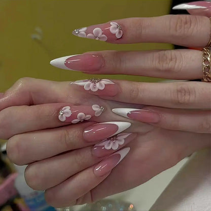 Long Stiletto Press on Nails Flower Fake Nails Pink Nails Press ons with Designs White French Tip False Nails Acrylic Nails Full Cover Glue on Nails Stick on Nails for Women Nail Decorations 24 Pcs