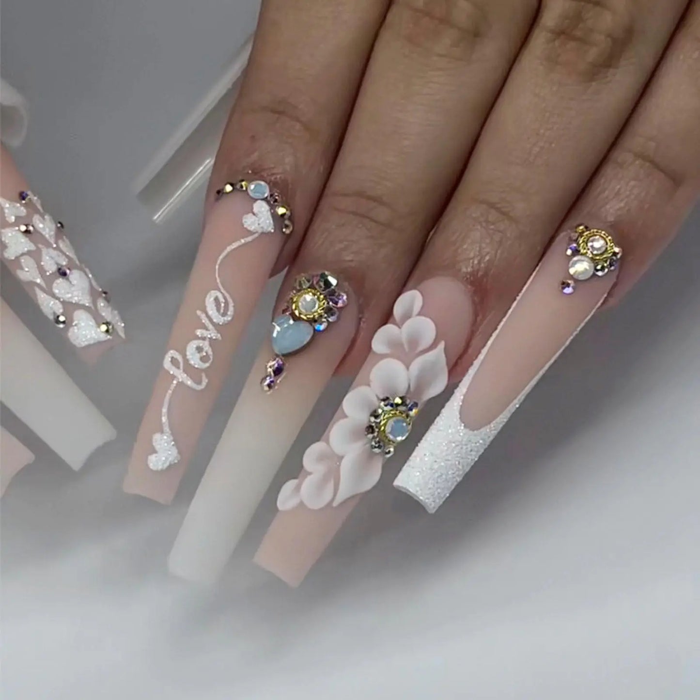 IMRAIN Matte Press on Nails Long Square Fake Nails Nude Gradient Glue on Nails Full Cover White French False Nails Tips Flower & Rhinestone Acrylic Stick on Nails for Women 24Pcs