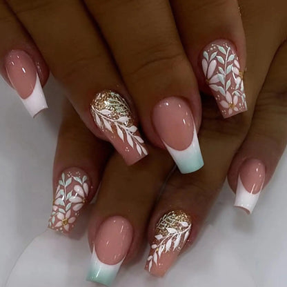 White French Tip Press on Nails Medium Coffin Fake Nails with Golden Glitter & Leaves Designs Acrylic Nails Press ons Glossy Glue on Nails Nude Full Cover Artificial Stick on Nails for Women 24Pcs
