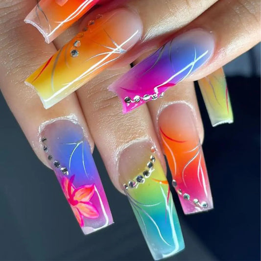 24 Pcs Colorful Press on Nails Medium Coffin Square - SHANRUN Ballerina Fake Nails Press ons Nail Art French Tips Glue on Nails Full Cover Artificial Acrylic False Nails with Rhinestone Flowers Design