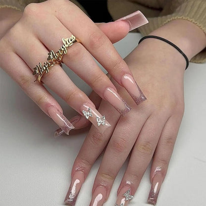IMRAIN Glitter French Tips Press on Nails Square Long Fake Nails Brown Butterfly Designs Glossy Glue on Acrylic Nails Press ons Full Cover for Women 24Pcs