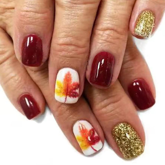 24Pcs Square Press on Nails Short Fake Nails with Maple Leaves Designs Acrylic Nails Press ons Thanksgiving Nails Glitter False Nails Glossy Glue on Nails Fall Artificial Stick on Nails for Women