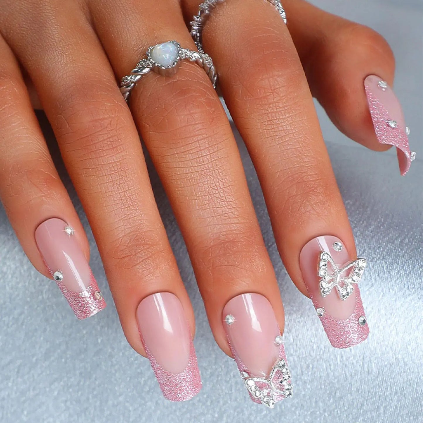IMSOHOT Glitter Press on Nails Medium Square Fake Nails Pink French Tips Glossy False Nails with Butterfly Designs Glue on Nails Full Cover Squoval Reusable Stick on Acrylic Nails for Women 24Pcs