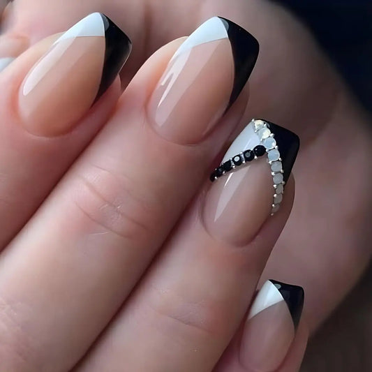 Coffin Press on Nails Short Square Fake Nails with Black&White French Tip Nails Designs Glossy False Nails with Glue on Nails Press Ons Artificial Nails for Women24Pcs Short Square False Nail Tips