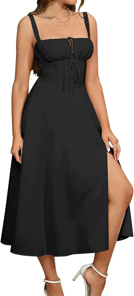 Lace-Up Slit Midi Dress