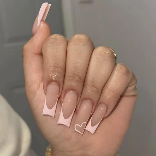 24Pcs French Tip Press on Nails Long Square Fake Nails Pink Acrylic Nails Heart Design Coffin Nails Tips Full Cover False Nails Artificial Glossy Glue on Nails for Women and Girls Nail Decorations