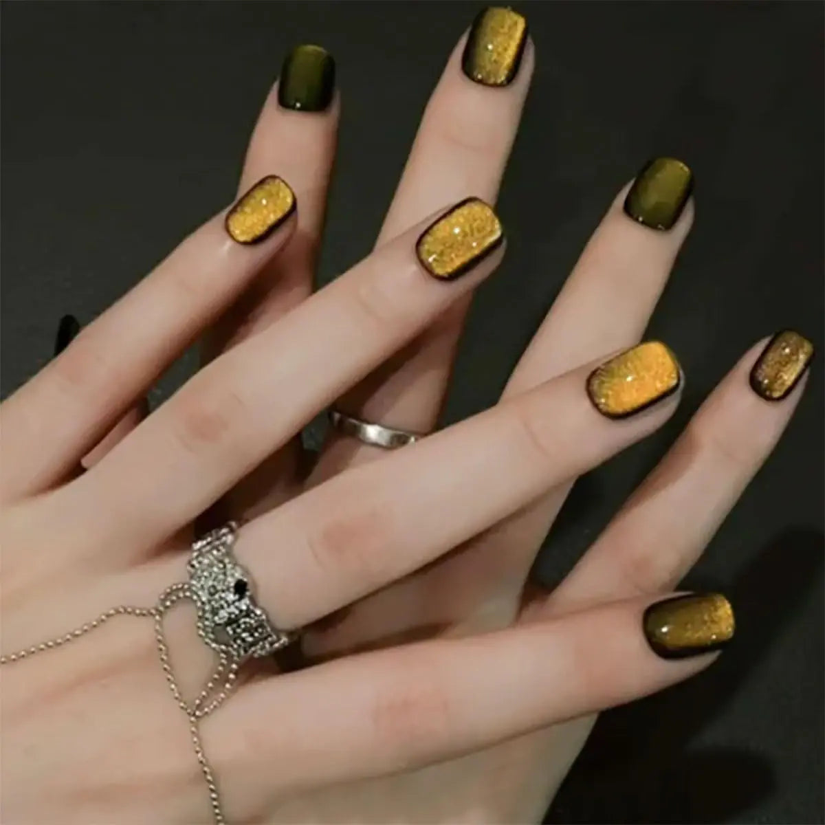 Yellow Press on Nails Short Square Fake Nails Press ons with Designs Glitter False Nails Glossy Full Cover Glue on Nails Artificial Acrylic Stick on Nails for Eye Cat Women Manicure 24Pcs