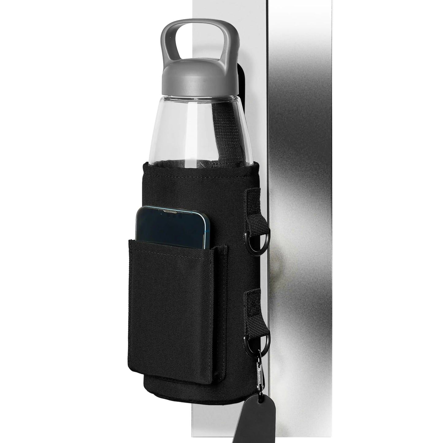 TINDERDRY Magnetic Water Bottle Holder Magnetic Gym Bag Water Bottle Carrier Pouch with Phone Pocket Silicone Towel Buckle and Sling for Easy Attachment to Metal Exercise Equipment(Black)