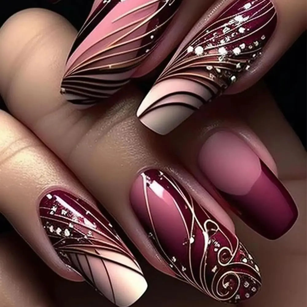 Coffin Press On Nails Long Red Fake Nails with Line Designs Glitter Glossy False Nails Full Cover Nail Tips Fall Acrylic Nails Press Ons Glue On Nails Stick On Nails for Women French Manicure 24PCS