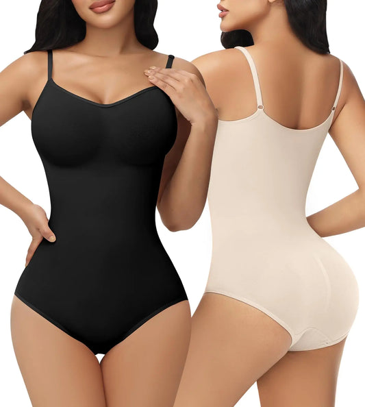 SHAPSHE 2 Pack Bodysuits for Women Shapewear Plus Size One Piece Workout Waist Snatching Bodysuit Fupa Tummy Control Back Fat Shapewear Lower Belly Booty Lifting V Neck Body Shaper Black Cream